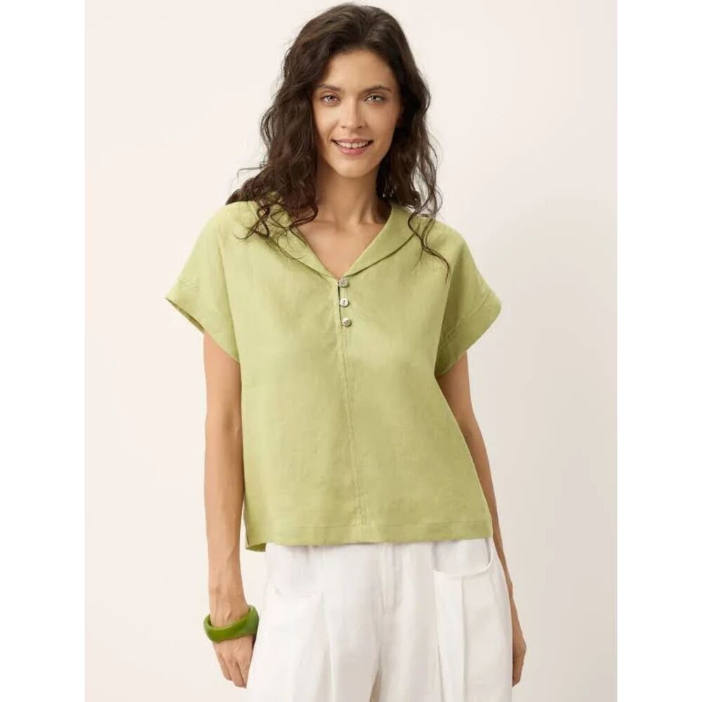 Lintico Helgo Soft Collar Shell Button Linen Rolled Cuff Blouse - Green M